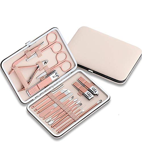 Maniküre Sets, 18-teiliges Nagelknipser Set aus Edelstahl, Nagelscheren Set Pediküre Pflege Nagel Werkzeugsatz für Frauen Männer mit Rosa PU-Ledertasche