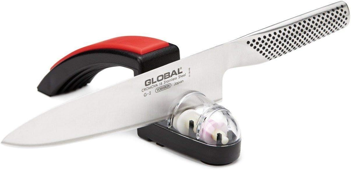 Global Knives 2 Piece Set with G-2 20cm Chef’s Knife and Minosharp Knife Sharpener, CROMOVA 18 Stainless Steel, Silver