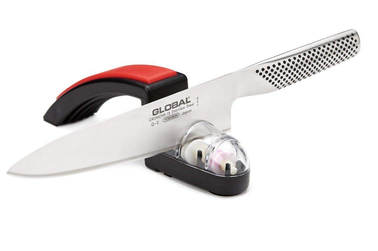 Global Knives 2 Piece Set with G-2 20cm Chef’s Knife and Minosharp Knife Sharpener, CROMOVA 18 Stainless Steel, Silver