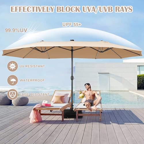 Sundale Outdoor Solar 15 ft 144 LED Olefin 5-Year-Non-Fading Patio Umbrella with Sandbag Base Included and Cover, Outdoor Double-Sided Umbrella, Tan by Sundale Outdoor - Image 7