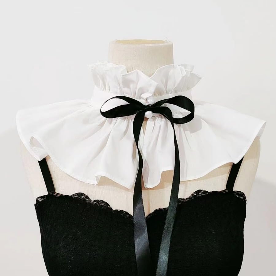 Mavikim Women's Pleated Ruffle Collar Ruff Neck Shawl Detachable Victorian Elizabethan Costume, Style01-white Black - Image 2