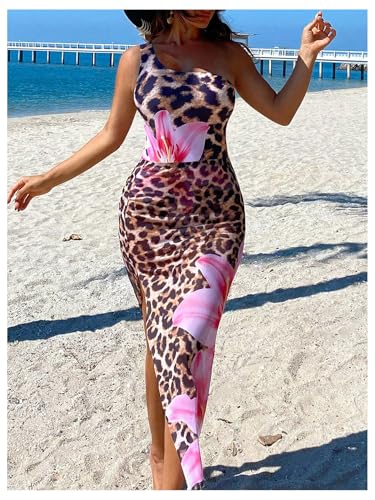 Milumia Women's Floral Leopard Print One Shoulder One Piece Swimsuit Set with Long Beach Skirt4