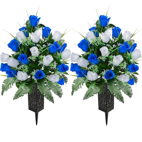 SIFOEL Set of 2 Artificial Grave Memorial Flowers Cemetery Flowers Rose Bouquet with Vase for Cemetery Graveyard Headstones Decoration (Blue&White)