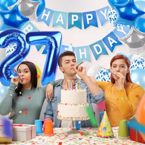 Happy 27th Birthday Decorations For Women Men, Blue Happy Birthday Banner, Blue 27 Balloon Numbers 40 Inch, 27th Birthday Balloons For Blue Birthday Decorations by Pasiihol - Used condition - Image 3