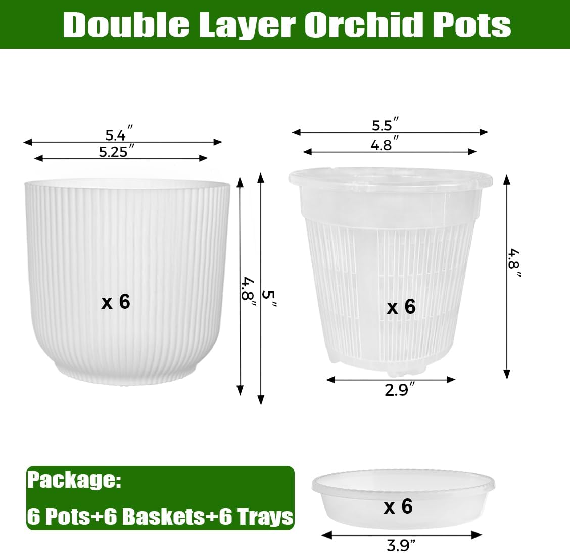 MUZHI Double Layer Orchid Pots Set of 6 for Repotting 5.4” , Inner Clear Mesh Slotted Orchid Planters with Drain Tray , Matched Decorative Plastic Orchid Container For Indoor Outdoor Growing White