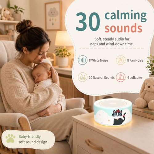 Image of Kipcush White Noise Machine for Baby & Adults, Sleep Sound Machine with 30 Soothing Sounds, 8-Color Night Light, Memory Function, White Noise for Sleeping, Nursery, Office, Travel, Relaxation