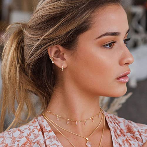 Gold Dangle Hoop Ear Cuff Dainty Cubic Zirconia Flower Dangle 14K Gold Plated Earrings Non Pierced Clip On Cartilage Hypoallergenic Jewelry Gift For Women #TOP2