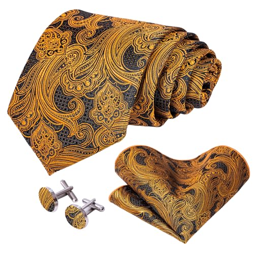 Image of 5PCS Tie and Pocket Square for Men, Silk Necktie and Handkerchief Cufflinks with Gold Ring and Lapel Pin Set