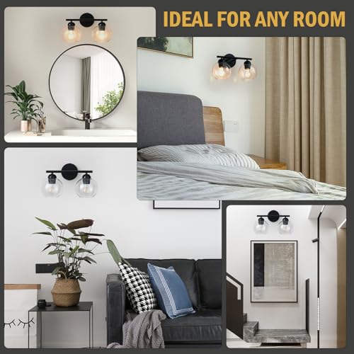 Image of Black Bathroom Light Fixtures, 2 Light Bathroom Vanity Light with Globe Glass Shades, Modern Farmhouse Vanity Lights Over Mirror, Matte Black Wall Lights for Bedroom Restroom, E26 Socket