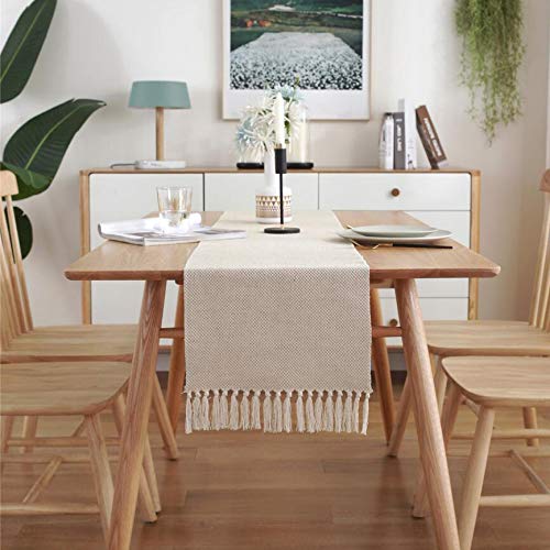 Biomelaus Burlap Farmhouse Table Runner, Natural Jute Rustic Table Cover With Tassels For Country Wedding Picnic Party Family Dinner Vintage Dining Table Piano Runner, 13X72 Inch #TOP6