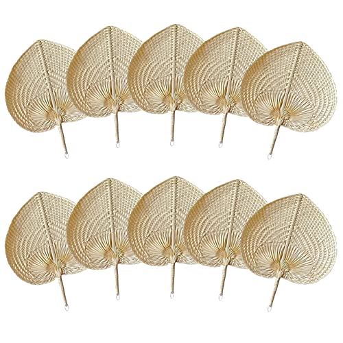 Typutomi 10 Pcs Natural Bamboo Raffia Fans, Wedding Raffia Fans Handmade Rattan Fan Chinese Style Hand Weaving Fan Farmhouse Wall Decor for Summer Cooling Supplies(11.81