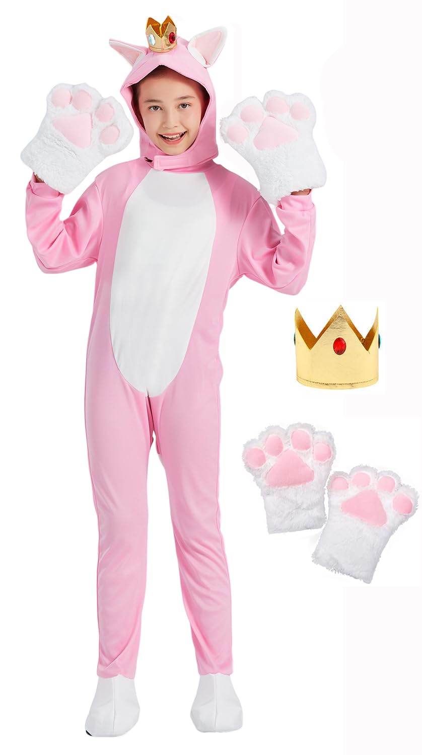 EOILFMHalloween Girls Pink Cat Costume Cartoon Game Cosplay Suit Onesie Outfit Crown with Cat Paw Gloves for Kids