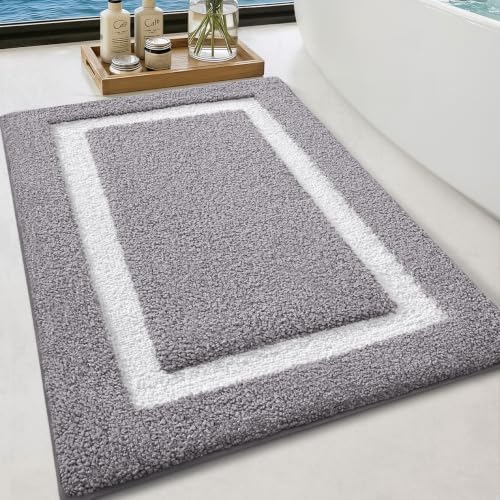 Image of Color&Geometry Gray Bathroom Rugs 36x24, Extra Soft Absorbent Microfiber Bath Rugs, Non-Slip Bathroom mat, Washable Plush Bath Mats for Bathroom, Shower, Bathtub, Laundry, Light Grey White