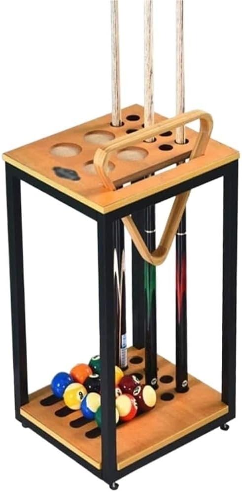 Floor-Standing Billiard Rack 8-Hole Pool Cue Holder Solid Wood Snooker Stick Stand with Ball & Glass Storage