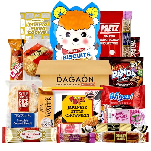 Dagaon Japanese Snack Box - 20 Count Variety Pack. Assorted Japanese Treats Including Ramen, Cookies, Biscuits, Crackers, Pies, Candies, Jelly & More. Dagashi Snack Gift Set.