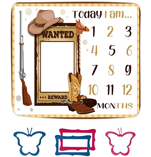 Image of Western Cowboy Monthly Milestone Blanket Hat Boots Gun Wanted Poster Theme Photography Backdrop 48x40in