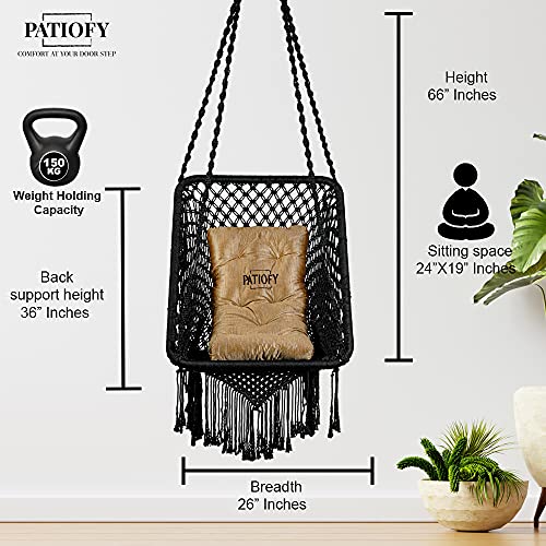 Image of Patiofy Made in India Premium Rectangle Shape Swing for Balcony /Hammock Hanging Swing Chair for Adults for Home /Jhula for Adults with Golden Cushion & Accessories for Patio, Garden (Black)