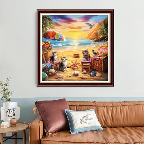 Image of Joyhoor Cross Stitch Kits for Beginners Stamped Cross-Stitch Supplies Needlework preprint Embroidery Kits for Adults DIY Needlepoint Kit Embroidery Patterns 11CT-Beach Cat Scenery 18x18 inch