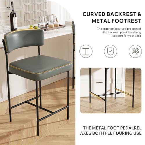 Image of Bar Stools, Faux Leather Counter Height Barstools with Curved Back, 25 Inch Upholstered Bar Chairs, Modern Counter Stools for Kitchen lsland, Grey