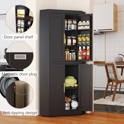 Image of GAIOUS 63 inch Tall Metal Corner Kitchen Pantry Cabinet, Steel Storage Cabinets with 4 Doors and 3 Shelves, Kitchen Food Cabinets with 6 Door Panel Shelves, Farmhouse Cupboard for Kitchen Dining, Black