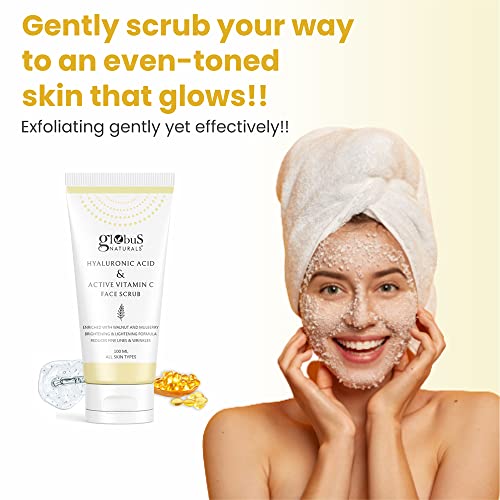 Image of Globus Naturals Hyaluronic Acid & Vitamin C Anti Ageing Face Scrub, Enriched with Rose & Glycerine, Skin Lightening & Brightening Formula, 100 gm