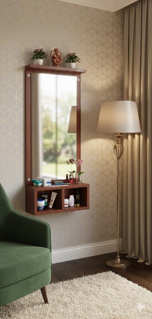 Captiver Engineered Wood Frameless Rectangular Wall Mounted Dressing Mirror Table 2 Storage Box Shelf (Finish, Teak) II Bathroom Cabinet Organiser Accessories Decorative Unframed