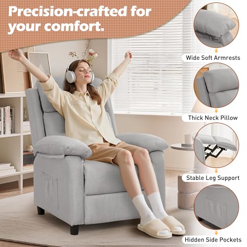 Image of Recliner Chair, Living Room Chairs for Adults, Padded Deep Seat Reading Chair with Side Pockets, Small Recliners for Small Spaces, Lounge Chair for Living Room, Bedroom, and RV (Linen)