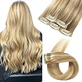 FUBILI Real Human Hair Extensions Light Blonde Highlighted Golden Blonde Remy Human Hair 16 inch for Women Easy to Clip in Hair Extensions 30g 5 pcs