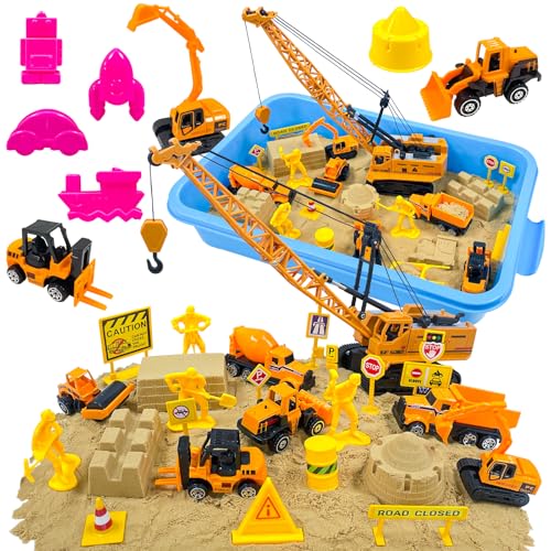 NlsqEU Arena Magica Arena Kinetischer, 40pcs Arena Set con 1kg Juguetes Arena, 7 Mini VehÍculos, 6 Moldes de Castillos, Construction Accesorios, Regalos para Cumpleaños de Niños 3 4 5 6 7 Años