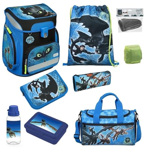 Familando - Scooli Campus Fit Schulranzen Set 9-teilig mit Sporttasche - Dragons Drachen - Ergonomisch, stabil & mit gepolstertem Rücken - 1000g leicht - 18L Volumen - Mit Reflektoren - Ab 1. Klasse