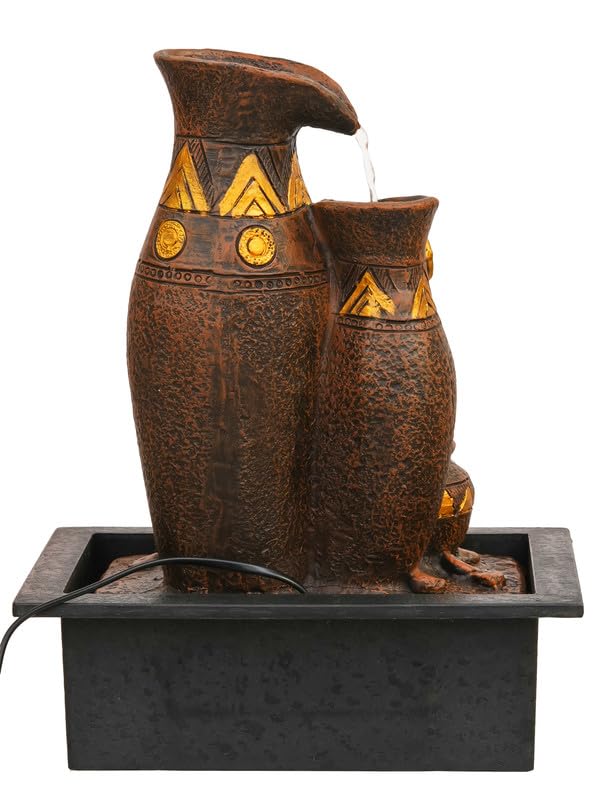 Image of Polyresin Brown & Golden Designer Table Top Jug Style Indoor 3 Steps Home Decor Water Fountain with Yellow LED Light & Water Flow Controller Pump (Size: 40 x 29.5 x 22CM | Weight: 2095grm)