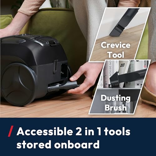 Hoover HP1 Powerful Cylinder Vacuum Cleaner - Bagless, Small, Lightweight, Corded with Washable EPA Filter, Large 2L Bin Capacity, Onboard Accessories, 7.5m Working Radius, 700w [HP105HM]