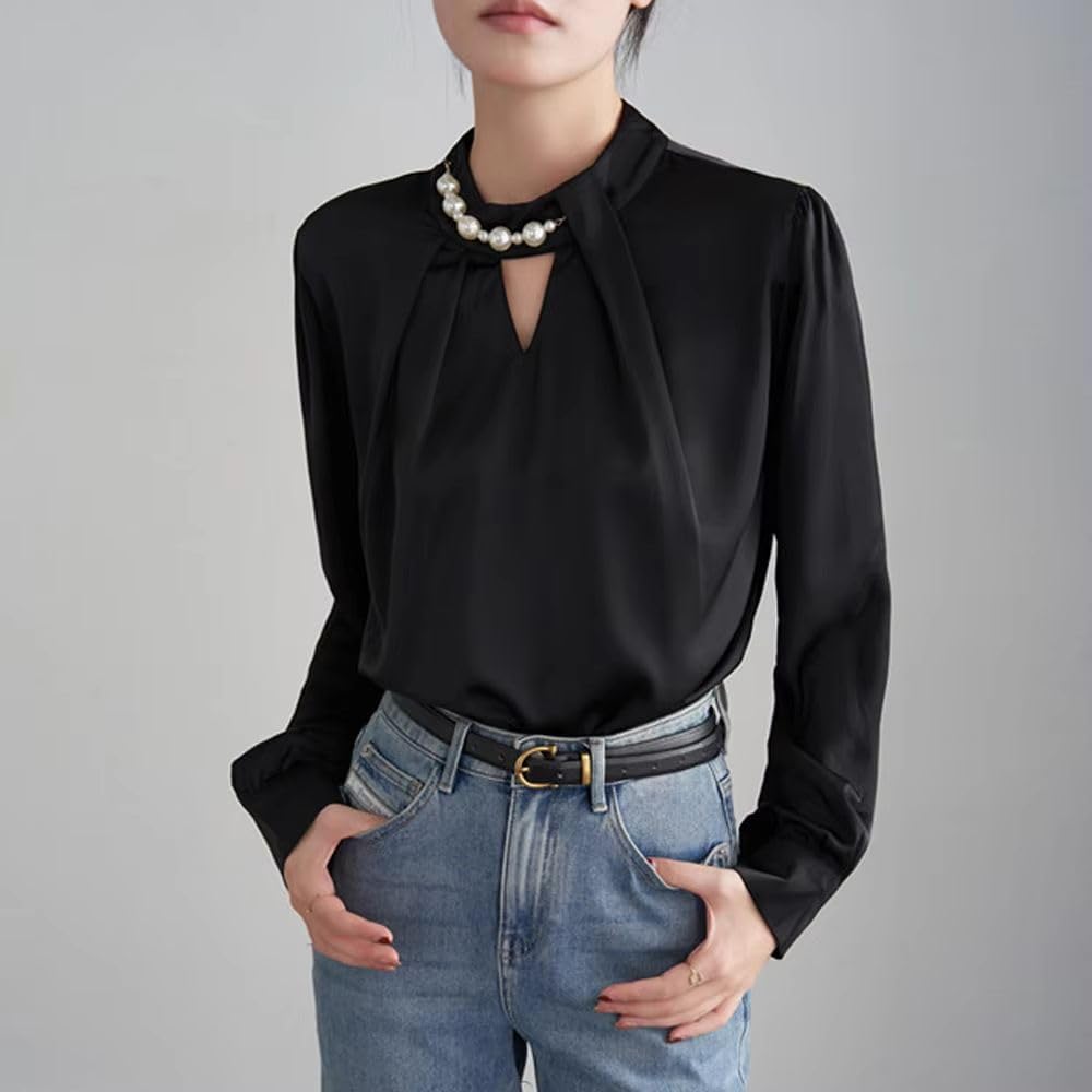 Women's White Chiffon Blouse Long Sleeve O-Neck Beaded Office Lady Solid Shirt Casual Top