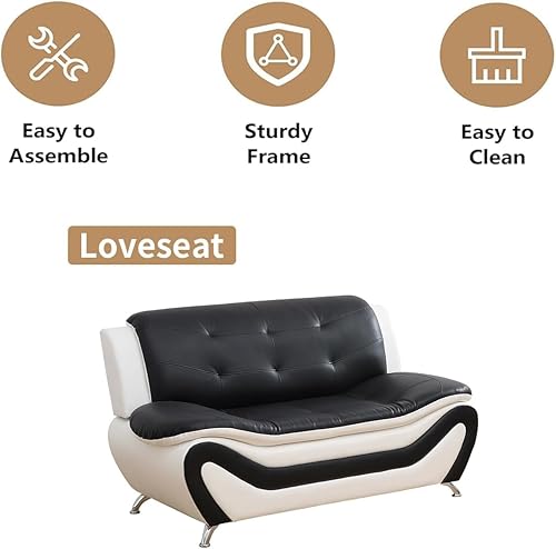 Miniatura 4 de Conjunto de sofá de cuero blanco y negro de alta gama de 2 piezas, estética moderna para un hogar moderno, asientos de sala de estar duraderos y