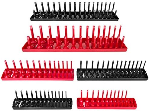 6PCS Socket Organizer Tray Set, Red SAE & Black Metric Socket Storage Trays, 1/4-Inch, 3/8-Inch & 1/2-Inch Drive Deep and Shadow Socket Holders for Toolboxes