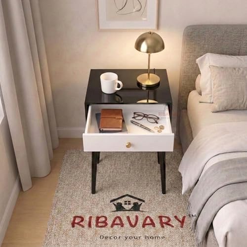 Image of Modern Bedside Table Nightstand with Solid Wood Legs, Practical End Side Table with Drawer Storage for Small Spaces Wooden Bedside Table, Coffee Table, Living Room /Bedroom (Black-White)