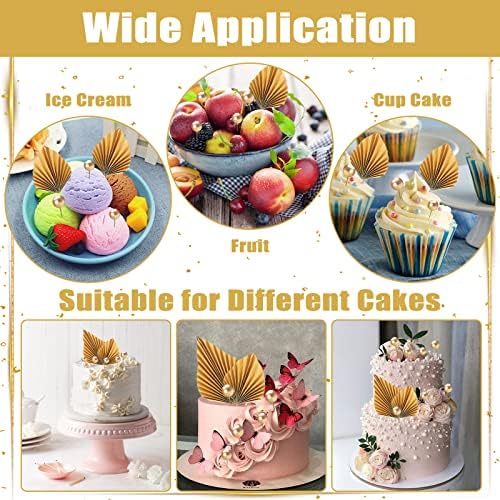 19Pcs Cake Decorations Sets, SPOKKI 4 Pack Paper Palm Cake & 15 Pcs Balloon Cake Topper Foam Ball Cake Picks Cupcake Faux Pearl Balls for DIY Birthday Party Wedding Gold Crown Cake topper (Gold)