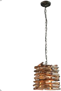Natural Wood Branch Solid Wood Pendant Light 9.84in Cylindrical Tea Room Hanging Lamp American Vintage Tavern B&B Chandelier Dining Room Bedroom Lighting Fixture