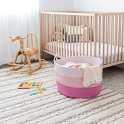 Image of OrganiHaus Round Toy Basket & Blanket Basket, Cotton Rope 20x13 inch | 3-Toned Pink - Round Cotton Rope Basket, 20x13 inch
