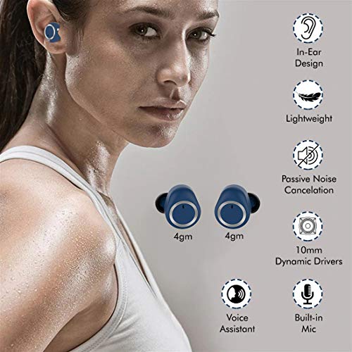 Image of PTron Bassbuds in-Ear True Wireless Bluetooth 5.0 Headphones with Hi-Fi Deep Bass, 20Hrs Playtime with Case, Ergonomic Sweatproof Earbuds, Noise Isolation, Voice Assistance & Built-in Mic - (Blue)