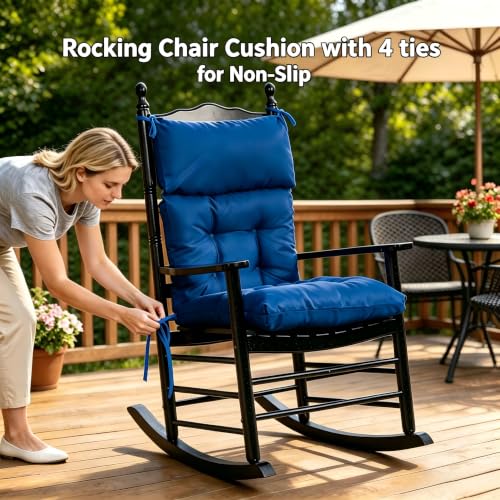 Image of QILLOWAY Outdoor Rocking Chair Cushions Set of 2, 100% Polyester Waterproof Patio Rocking Chair Cushion, High Back Weatherproof Chair Pad for Adirondack & Outdoor Furniture, Royal Blue