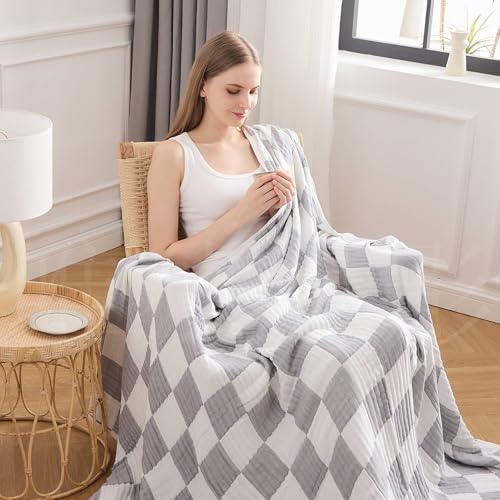 EMME Checkered Throw Blanket Cotton for Couch Soft Muslin Blankets 50"x60" Lightweight Breathable Cooling Soft All Season Gauze, Light Grey