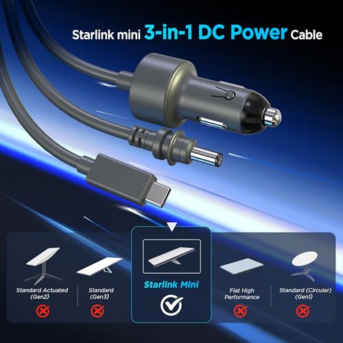 Image of Hugener 3 in 1 Starlink Mini Cable 33FT / 10M, High-Speed USB C /Car Charger /DC to DC Replacement Cable for Starlink Mini Accessories