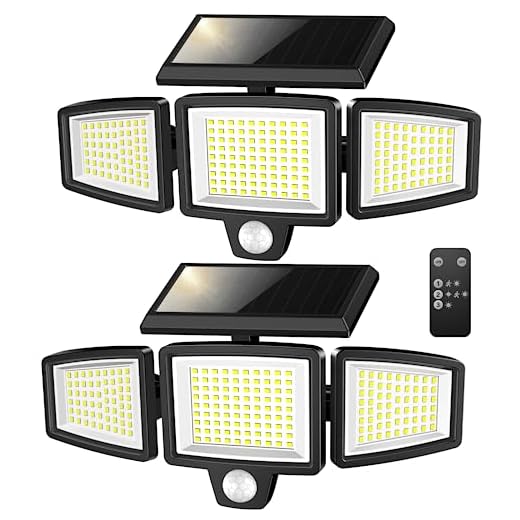 Solar Lights Outdoor,ATUPEN 210 LED 2500LM Motion Sensor Lights with Remote Control, 3 Heads Security LED Flood Lights, IP65 Waterproof, 270° Wide Angle Illumination Wall Lights with 3 Modes(2 Packs)