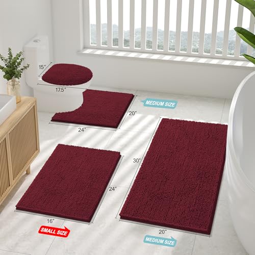 Image of Smiry Bathroom Rugs Sets 2 Piece, Soft Absorbent Chenille Machine Washable Non Slip Shaggy Bath Rug Set for Tub, Shower, and Floor (34x21+30x20, Burgundy)