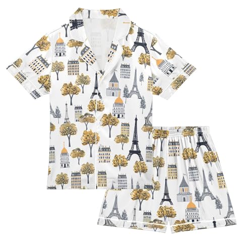ALAZA Tree Paris Eiffel Tower House Satin Pajamas Set Short Sleeve Button Down Sleepwear Summer Pjs 2 Piece