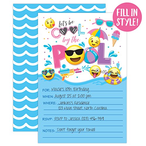 Your Main Event Prints Girl Emoji Pool Party Birthday Invitations - Summer Bash - Splash Pad, Water Park Invites - 20 Fill-In Pool Party Invitations With White Envelopes
