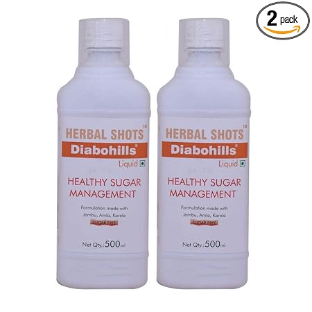 Herbal Shots Diabohills Syrup with Karela Jamun 500ml Pack of 2 with measurement cap | Healthy Sugar Management | Sugar Free Syrup with Natural Herbs| Diabetic Supplements