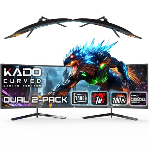 Kado Dual Gaming Monitor Setup - 2-Pack 24" 180Hz 1ms Curved 1500R 1920x1080, AMD FreeSync Premium, Panoramic Gaming Multi-View Split Screen Streaming, VESA Mount HDMI DisplayPort Built-in Speakers