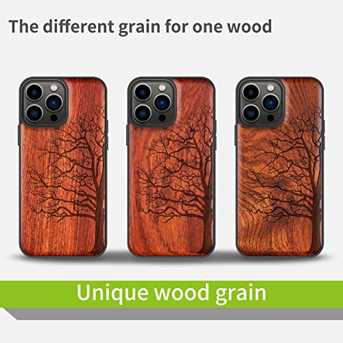 Carveit Magnetic Wood Case For Iphone 13 Pro Max [Hard Real Wood & Soft Tpu] Shockproof Hybrid Protective Cover Unique & Classy Wooden Case Compatible With Magsafe (Eternal Tree Carving-Rosewood) #TOP6
